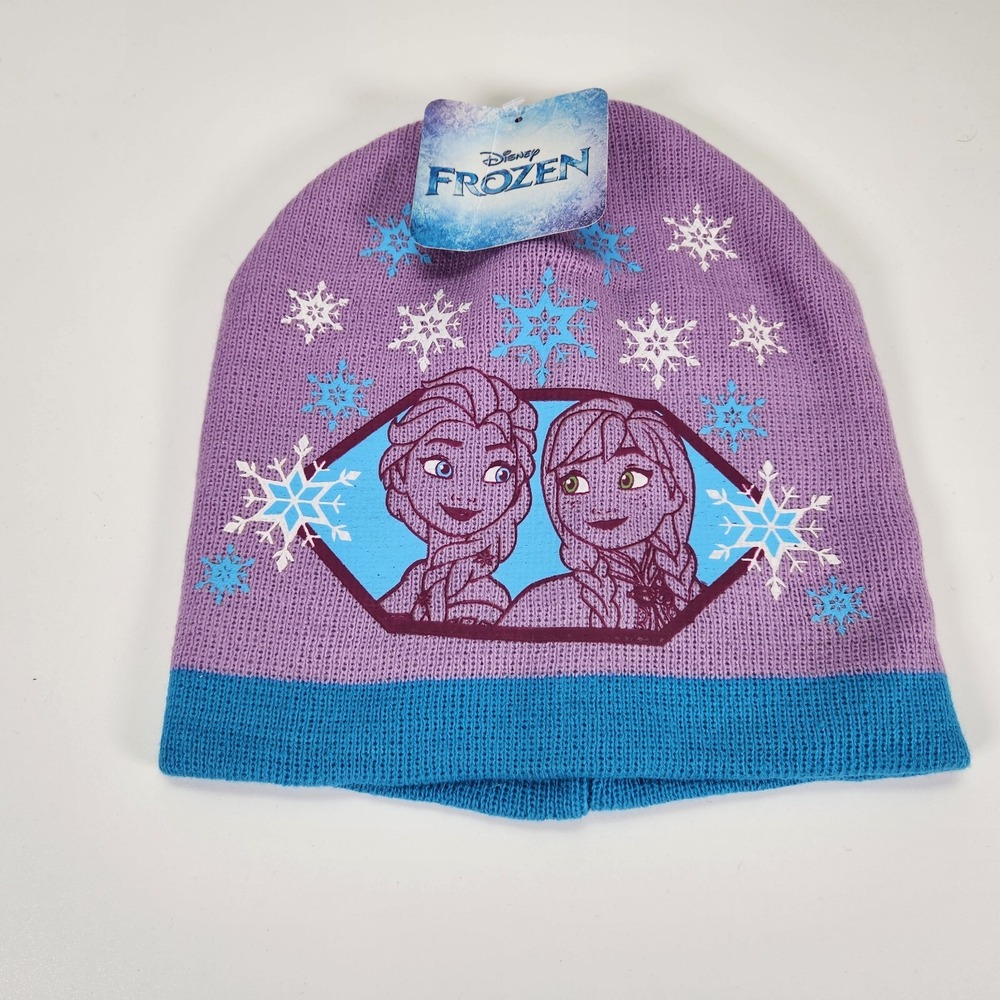 Disney Frozen Anna Elsa Winter Beanie Hat Purple Blue Snowflake One Size NWT